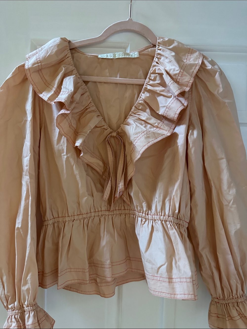 Marie Oliver Ruffled V-Neck Peplum Blouse - Blush Pink